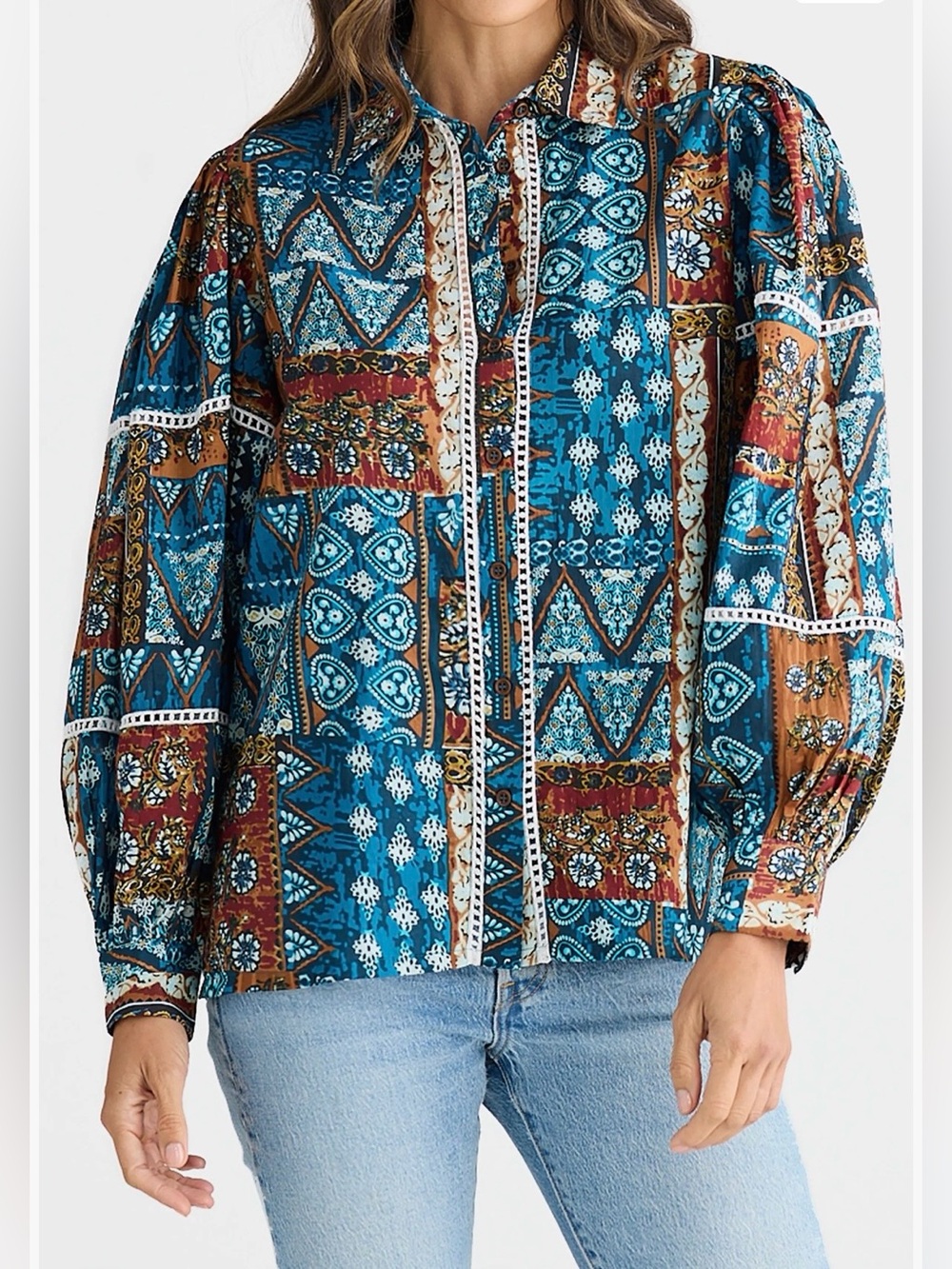 TALISMAN NWT Castella Sicilian Patchwork Print Cotton Button-Up Shirt Size Large